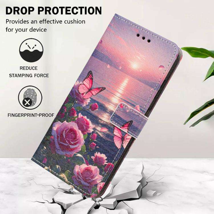 For Redmi 15a 5G Global Painted Pattern Vegan Leather Phone Case with Strap(Rose Butterfly)
