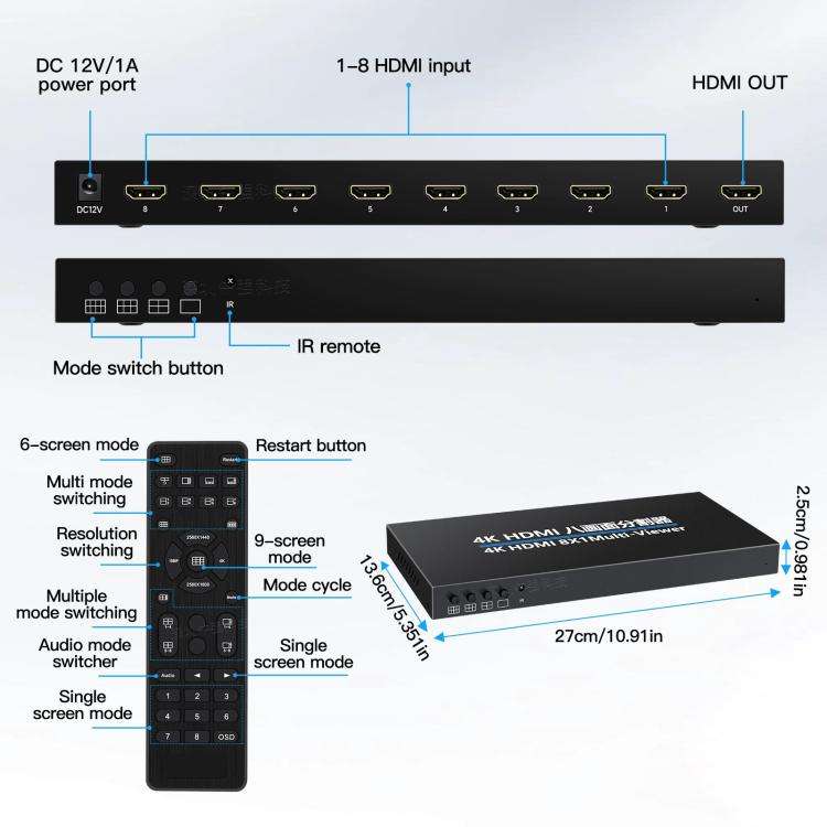 NK-M618 4K HDMI 8x1 8-way Screen Splitter Switch(Black)
