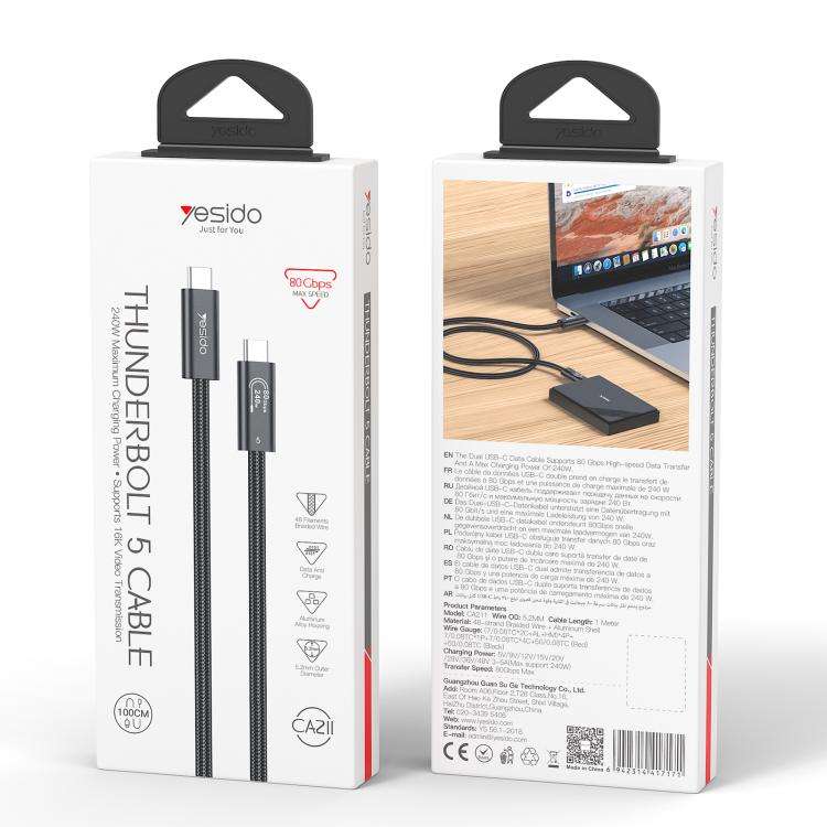 Yesido CA211 240W 16K 60Hz Type-C to Type-C Thunderbolt 5 Full Function Data Cable, Length:1m(Black)