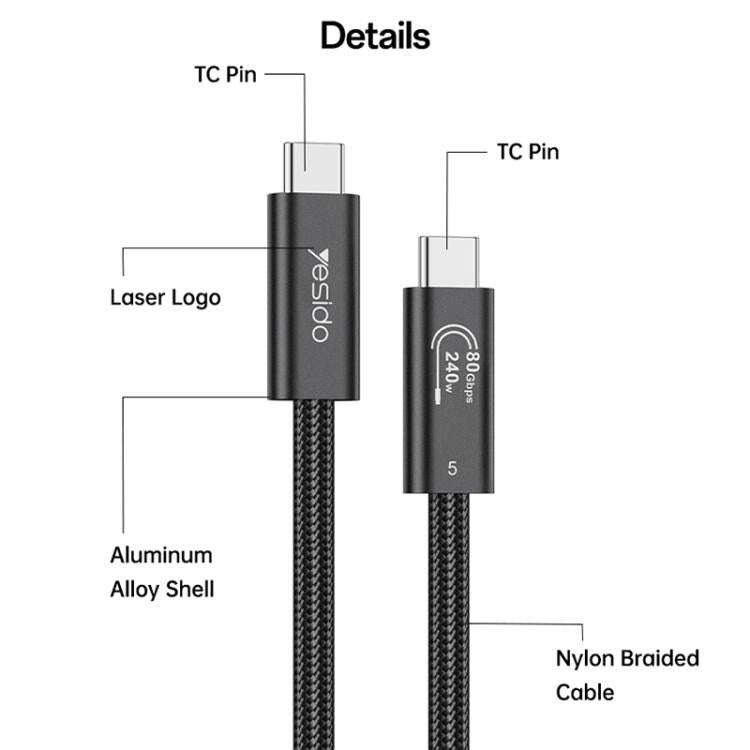 Yesido CA211 240W 16K 60Hz Type-C to Type-C Thunderbolt 5 Full Function Data Cable, Length:1m(Black)
