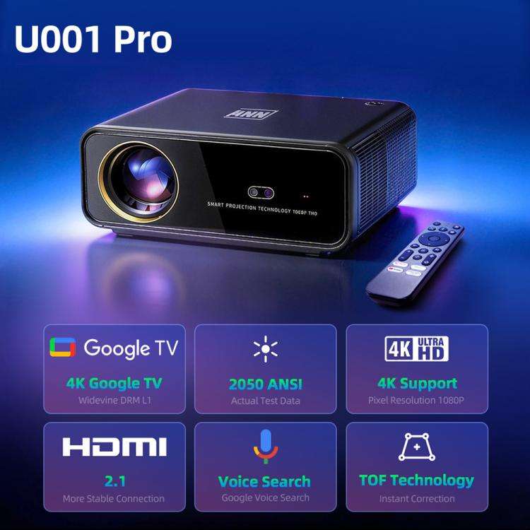 AUN U001 Pro 1080P 2050ANSI For Google TV Android 14 OS Smart Projector, Plug:EU Plug(Black)