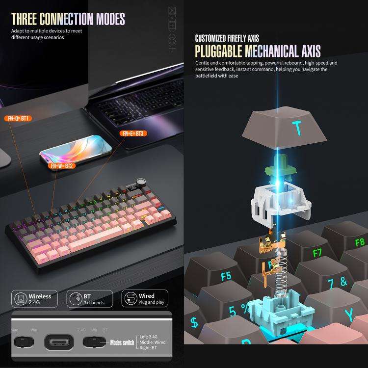 SHIPADOO JK750 Blue Switch RGB 79 Keys Three Modes Mechanical Keyboard(Phantom Black)