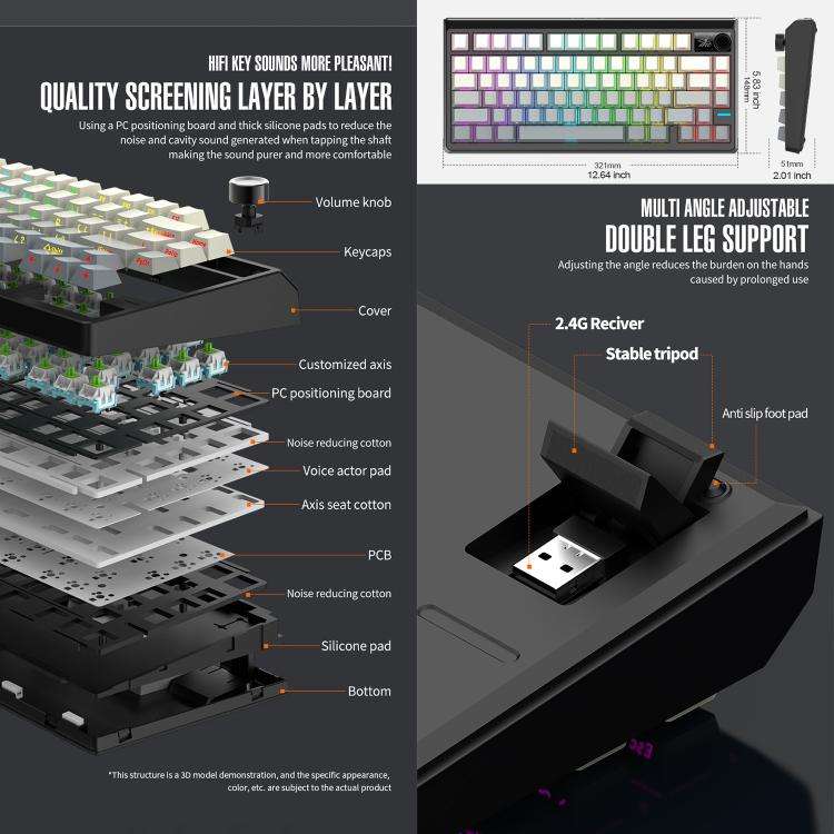 SHIPADOO JK750 Blue Switch RGB 79 Keys Three Modes Mechanical Keyboard(Phantom Black)