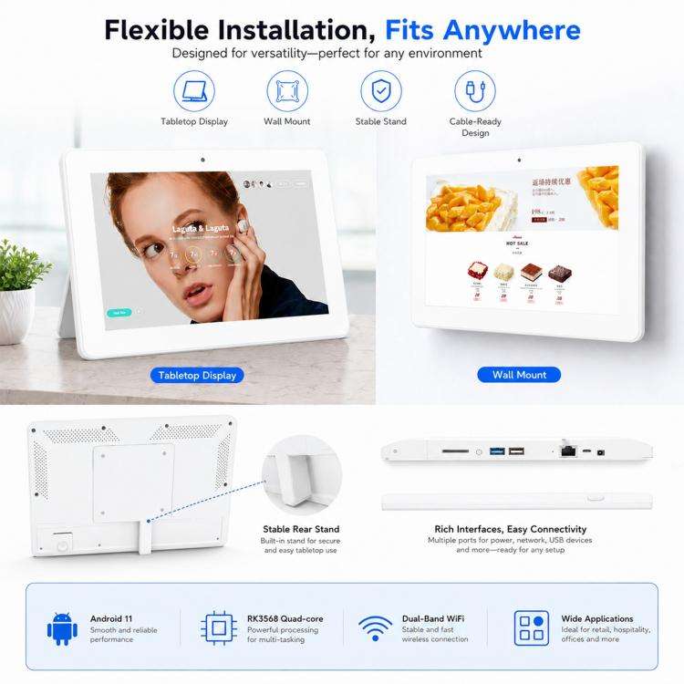 WF1038T 10.1 inch IPS HD Touch Screen Digital Signage, 2GB+16GB, Android 11 RK3568 Quad Core, Plu...