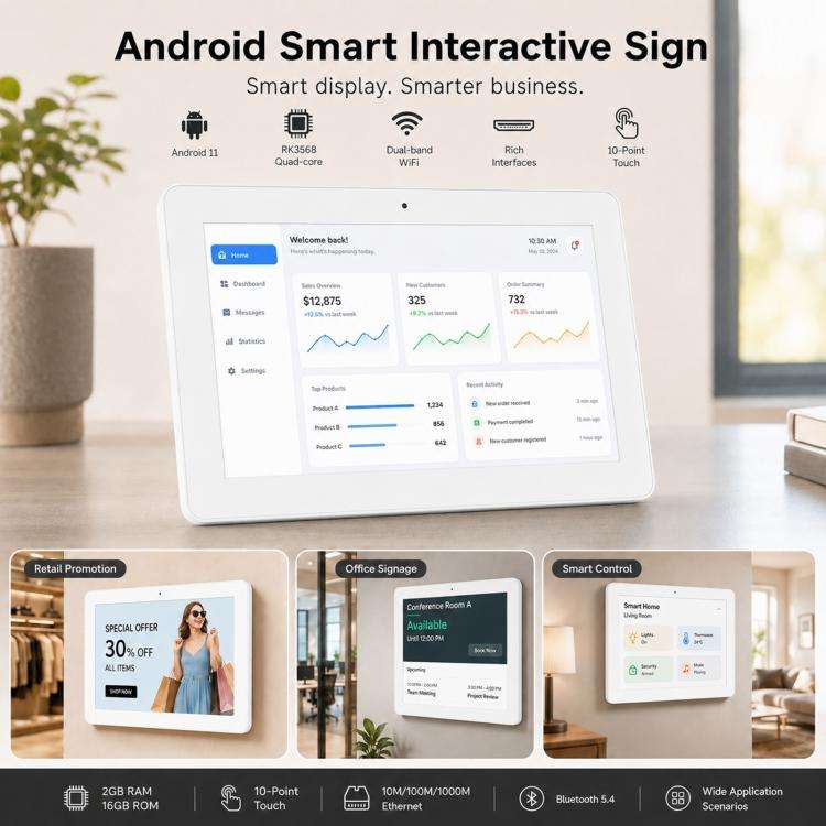 WF1038T 10.1 inch IPS HD Touch Screen Digital Signage, 2GB+16GB, Android 11 RK3568 Quad Core, Plu...