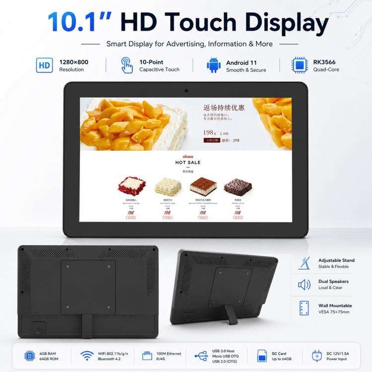 WF1036T 10.1 inch HD Touch Screen Digital Signage, 2GB+16GB, Android 11 RK3566 Quad Core, Plug:US...