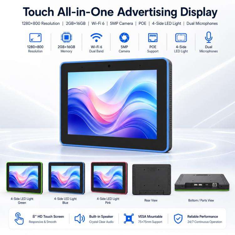 WA8058T 8 inch HD Touch Screen Digital Signage with Light, 2GB+16GB, Android 11 RK3568 Quad Core,...
