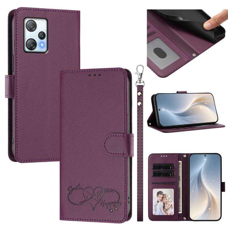 For Blackview A53 Happy Heart Pattern Magnetic Closure Vegan Leather Phone Case with Wrist Strap(...