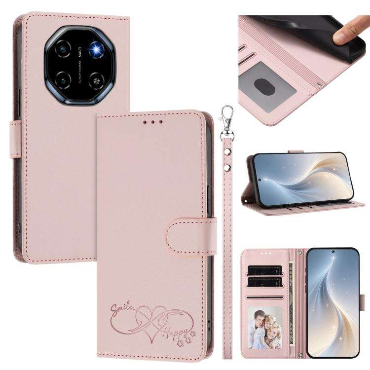 For Blackview SHARK 6 Happy Heart Pattern Magnetic Closure Vegan Leather Phone Case with Wrist St...