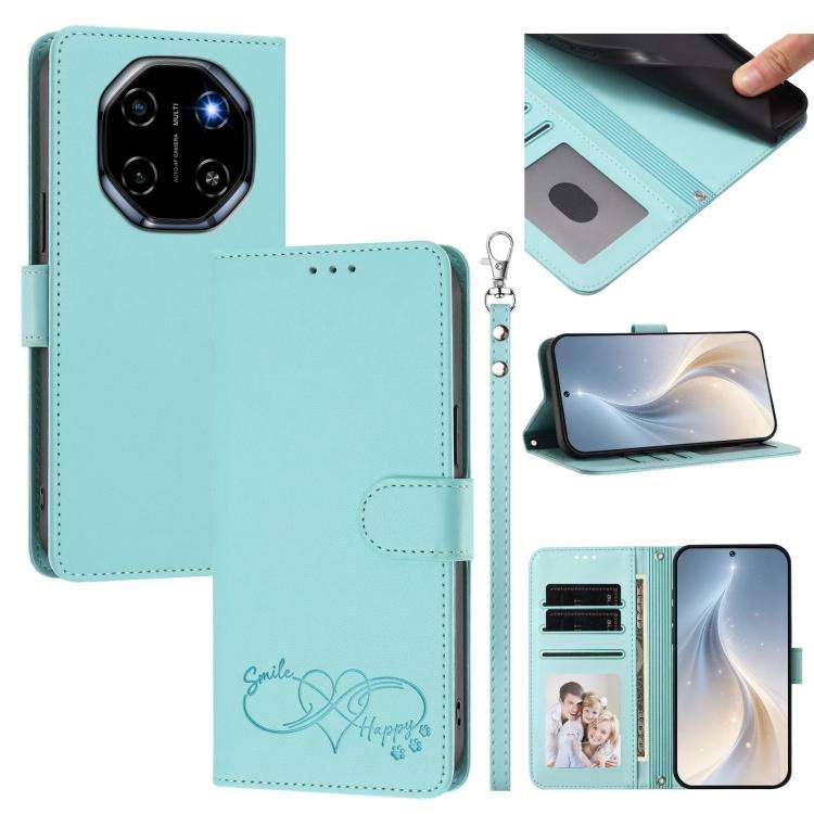 For Blackview SHARK 6 Happy Heart Pattern Magnetic Closure Vegan Leather Phone Case with Wrist St...