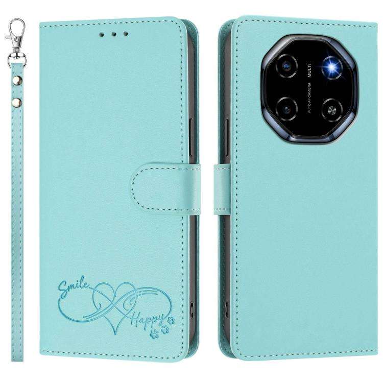 For Blackview SHARK 6 Happy Heart Pattern Magnetic Closure Vegan Leather Phone Case with Wrist St...