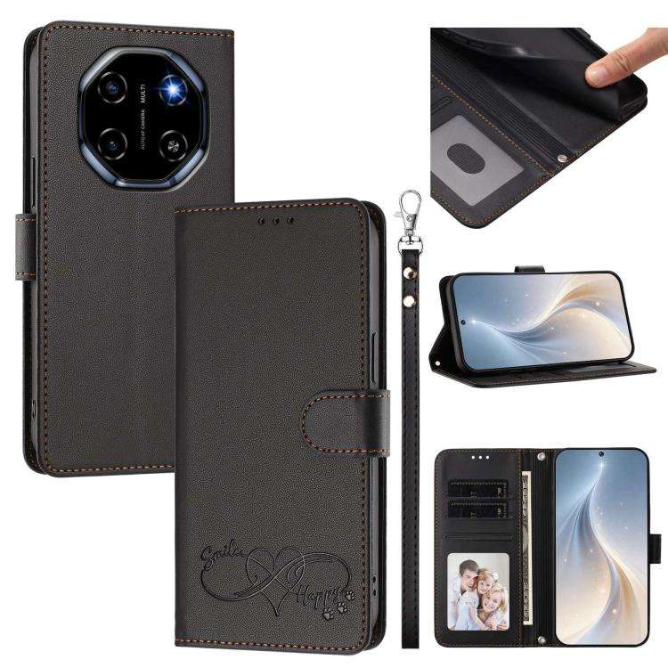 For Blackview SHARK 6 Happy Heart Pattern Magnetic Closure Vegan Leather Phone Case with Wrist St...
