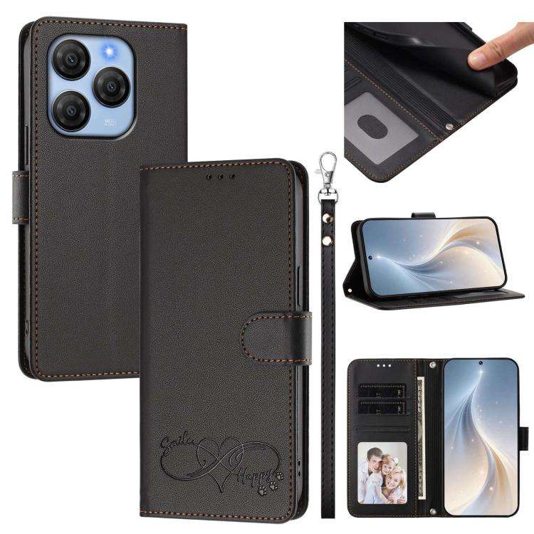 For Blackview SHARK 9 Happy Heart Pattern Magnetic Closure Vegan Leather Phone Case with Wrist St...