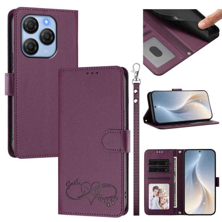 For Blackview SHARK 9 Happy Heart Pattern Magnetic Closure Vegan Leather Phone Case with Wrist St...