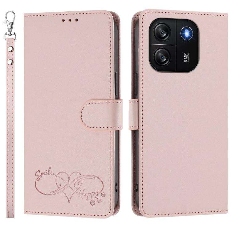 For Blackview WAVE 6C Happy Heart Pattern Magnetic Closure Vegan Leather Phone Case with Wrist St...