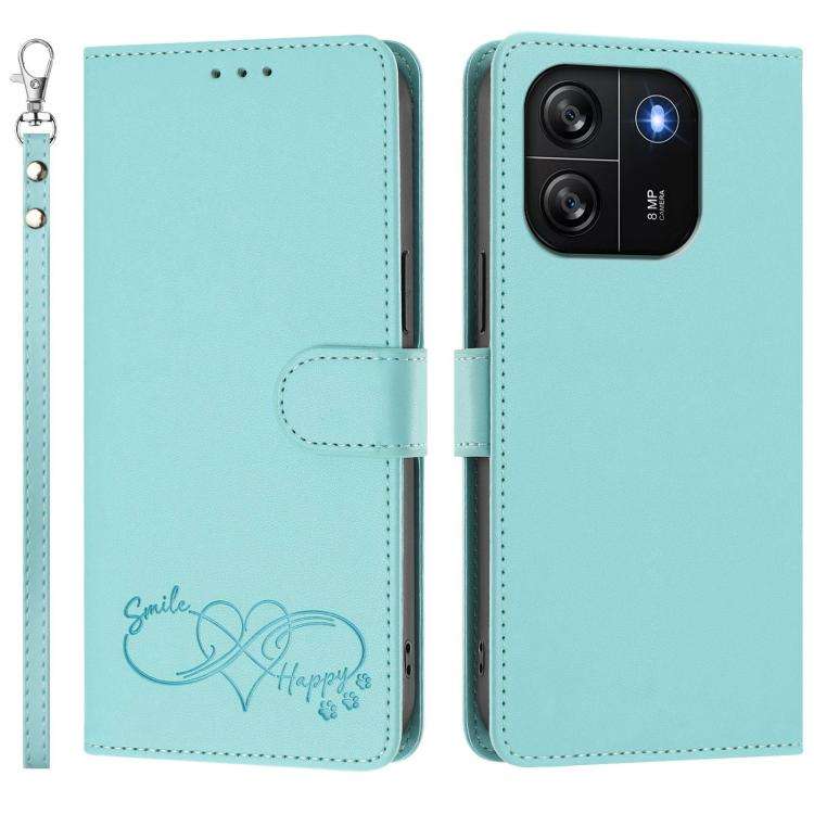 For Blackview WAVE 6C Happy Heart Pattern Magnetic Closure Vegan Leather Phone Case with Wrist St...