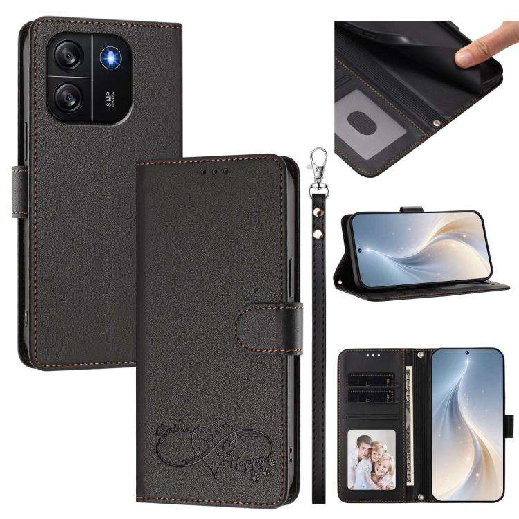 For Blackview WAVE 6C Happy Heart Pattern Magnetic Closure Vegan Leather Phone Case with Wrist St...