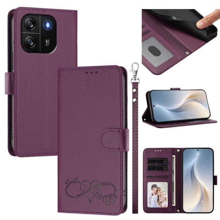 For Blackview WAVE 6C Happy Heart Pattern Magnetic Closure Vegan Leather Phone Case with Wrist St...