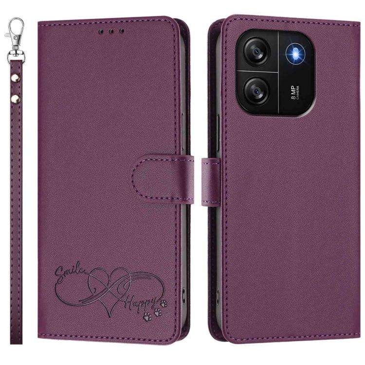 For Blackview WAVE 6C Happy Heart Pattern Magnetic Closure Vegan Leather Phone Case with Wrist St...