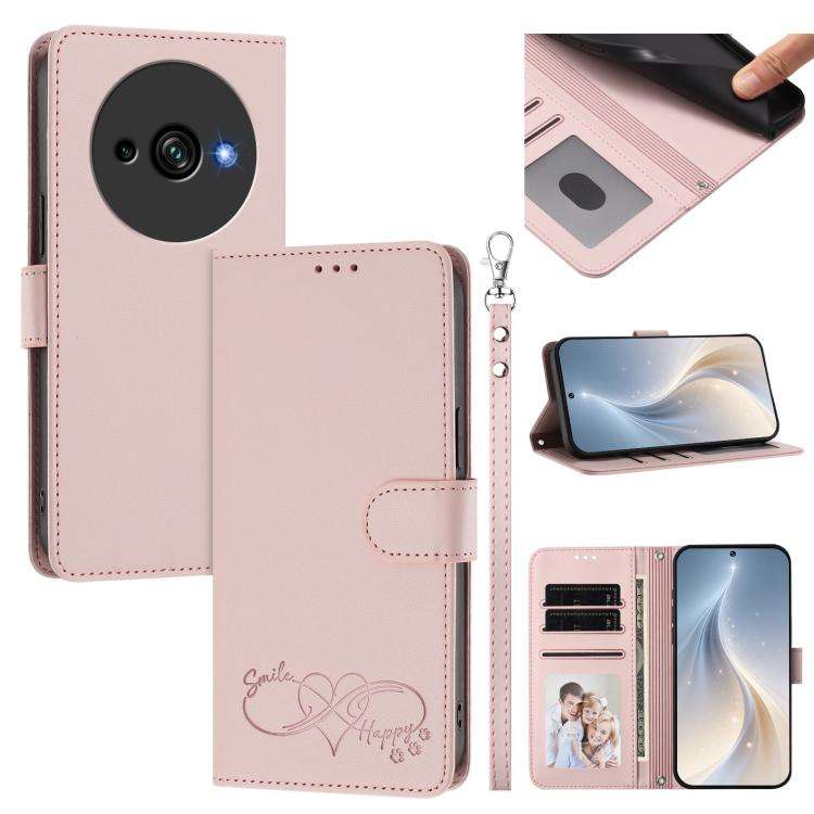 For Oukitel C59 Happy Heart Pattern Magnetic Closure Vegan Leather Phone Case with Wrist Strap(Pink)