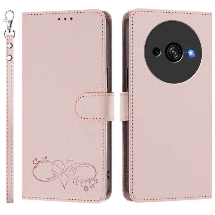 For Oukitel C59 Happy Heart Pattern Magnetic Closure Vegan Leather Phone Case with Wrist Strap(Pink)