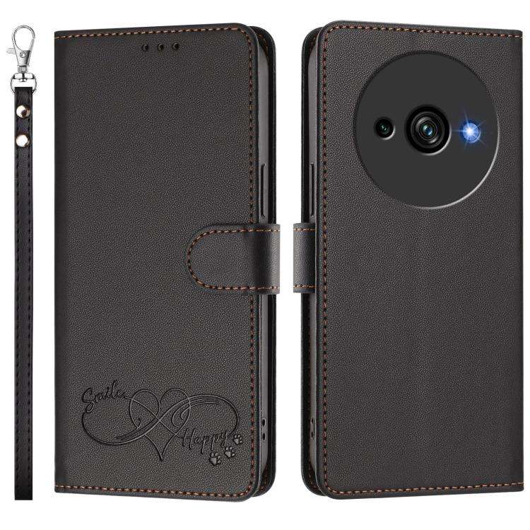 For Oukitel C59 Happy Heart Pattern Magnetic Closure Vegan Leather Phone Case with Wrist Strap(Bl...