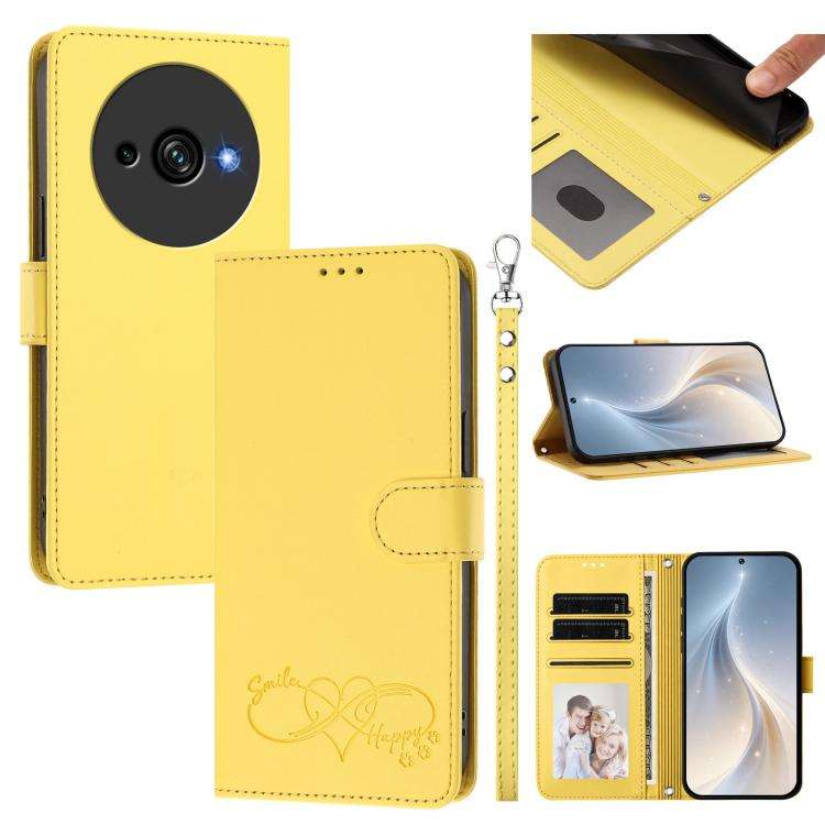For Oukitel C59 Happy Heart Pattern Magnetic Closure Vegan Leather Phone Case with Wrist Strap(Ye...
