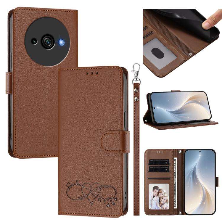 For Oukitel C59 Happy Heart Pattern Magnetic Closure Vegan Leather Phone Case with Wrist Strap(Br...