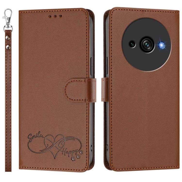 For Oukitel C59 Happy Heart Pattern Magnetic Closure Vegan Leather Phone Case with Wrist Strap(Br...