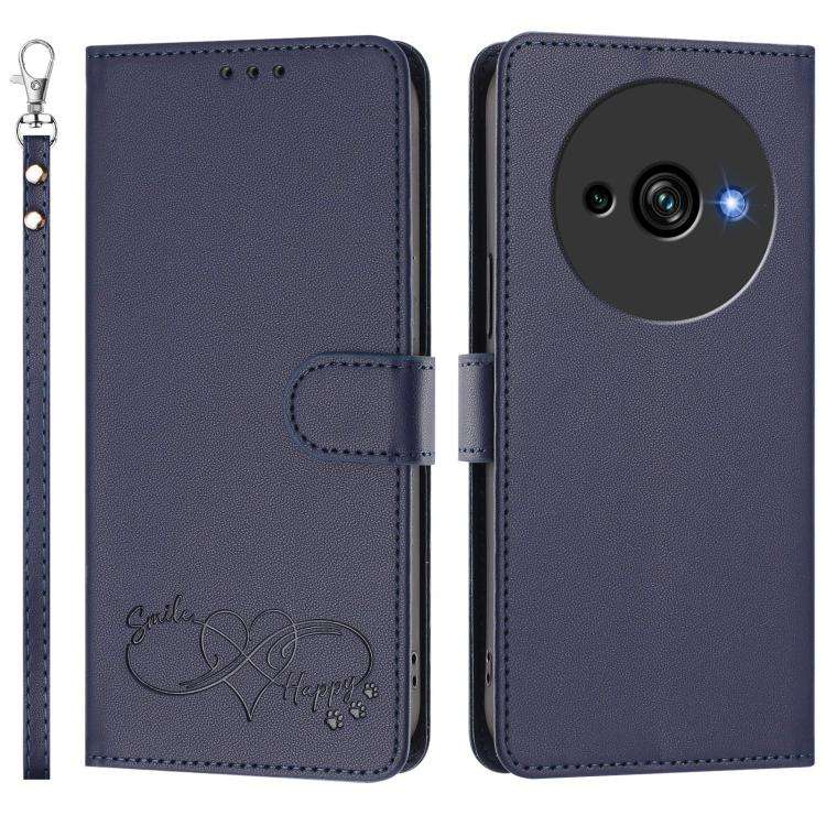 For Oukitel C59 Happy Heart Pattern Magnetic Closure Vegan Leather Phone Case with Wrist Strap(Blue)