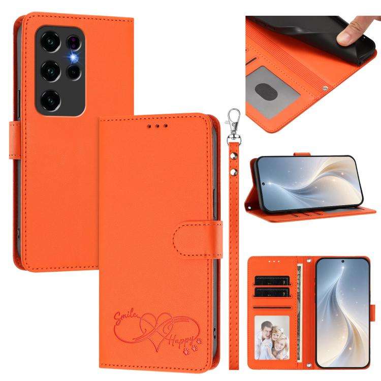 For Oukitel C2 Happy Heart Pattern Magnetic Closure Vegan Leather Phone Case with Wrist Strap(Ora...