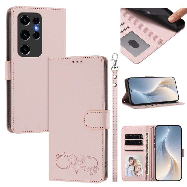For Oukitel C2 Happy Heart Pattern Magnetic Closure Vegan Leather Phone Case with Wrist Strap(Pink)