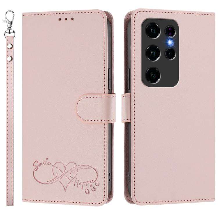 For Oukitel C2 Happy Heart Pattern Magnetic Closure Vegan Leather Phone Case with Wrist Strap(Pink)