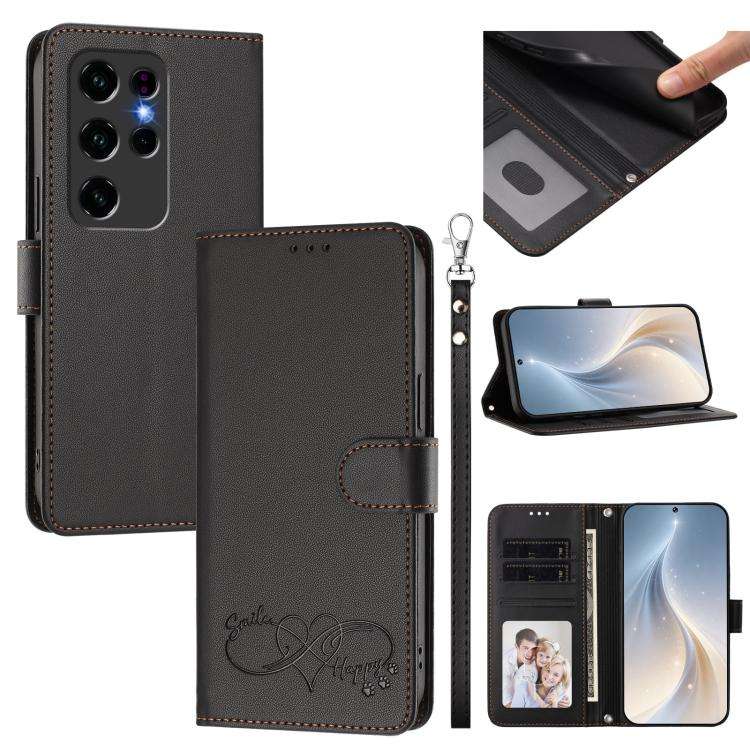 For Oukitel C2 Happy Heart Pattern Magnetic Closure Vegan Leather Phone Case with Wrist Strap(Black)