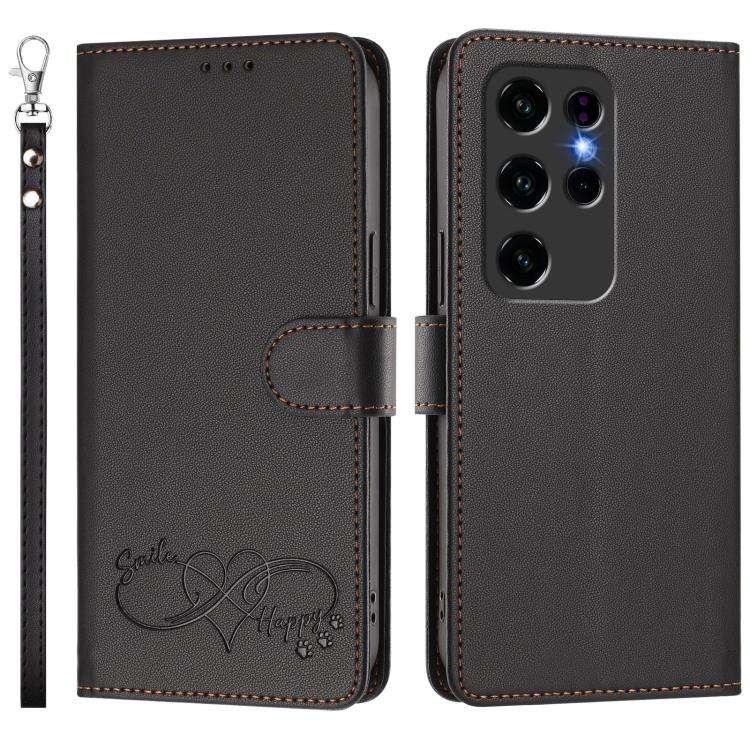 For Oukitel C2 Happy Heart Pattern Magnetic Closure Vegan Leather Phone Case with Wrist Strap(Black)