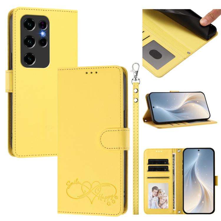 For Oukitel C2 Happy Heart Pattern Magnetic Closure Vegan Leather Phone Case with Wrist Strap(Yel...