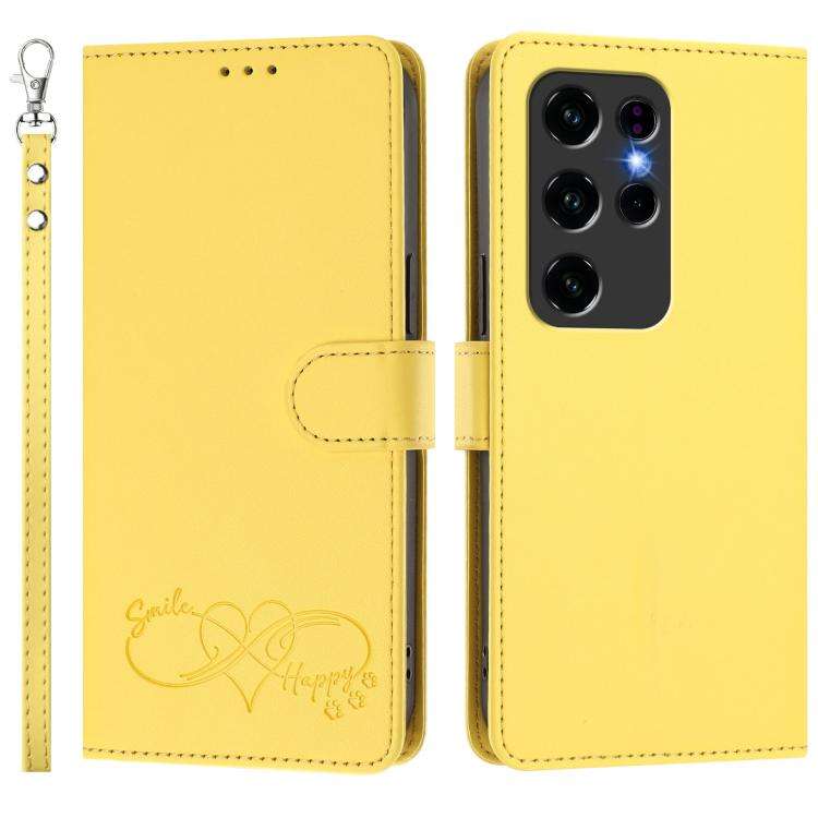 For Oukitel C2 Happy Heart Pattern Magnetic Closure Vegan Leather Phone Case with Wrist Strap(Yel...