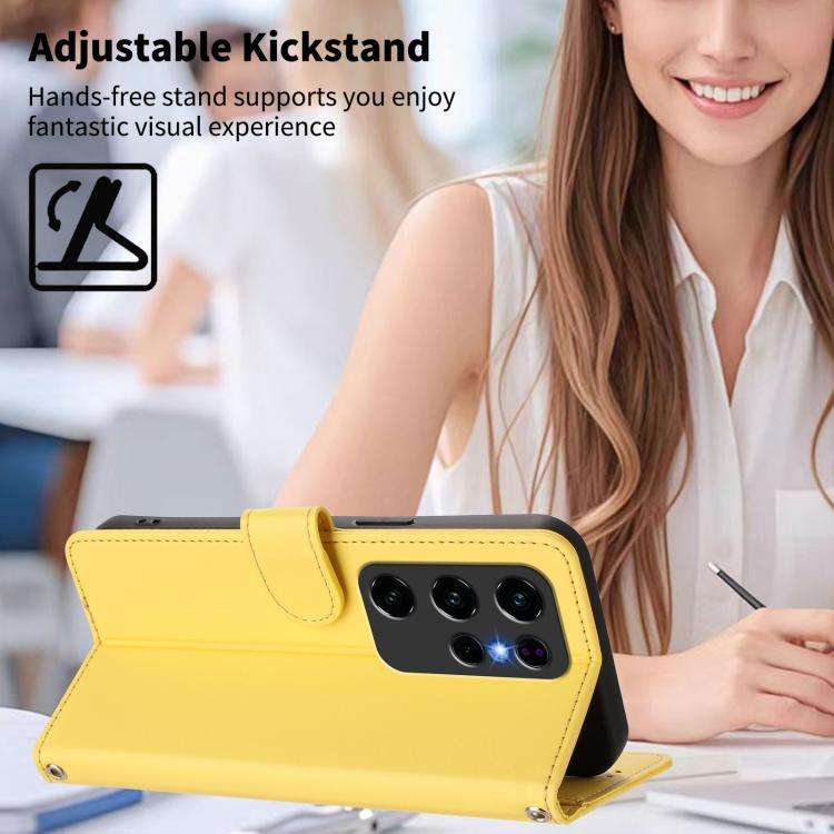 For Oukitel C2 Happy Heart Pattern Magnetic Closure Vegan Leather Phone Case with Wrist Strap(Yel...