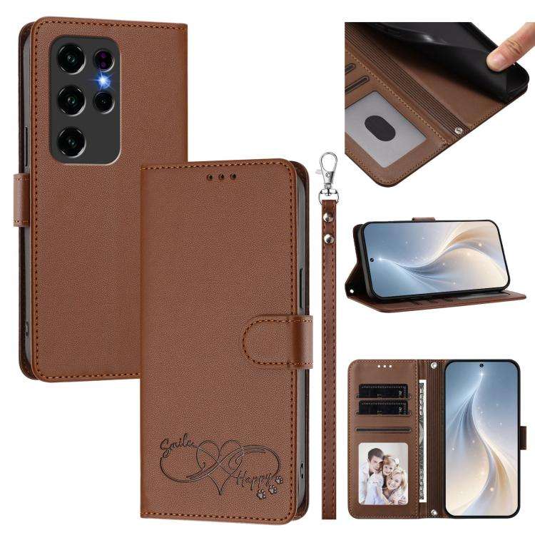 For Oukitel C2 Happy Heart Pattern Magnetic Closure Vegan Leather Phone Case with Wrist Strap(Brown)