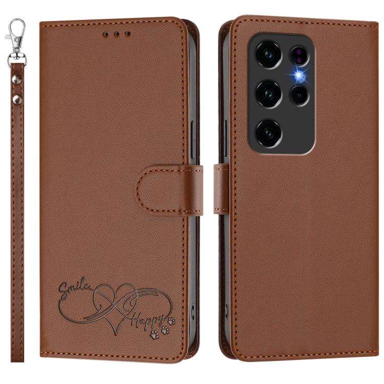For Oukitel C2 Happy Heart Pattern Magnetic Closure Vegan Leather Phone Case with Wrist Strap(Brown)