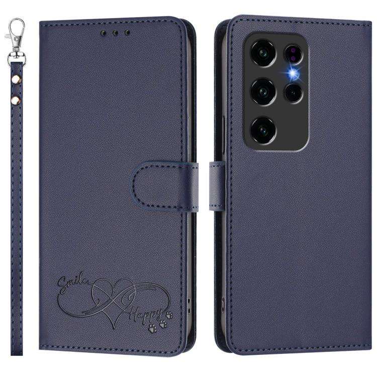 For Oukitel C2 Happy Heart Pattern Magnetic Closure Vegan Leather Phone Case with Wrist Strap(Blue)