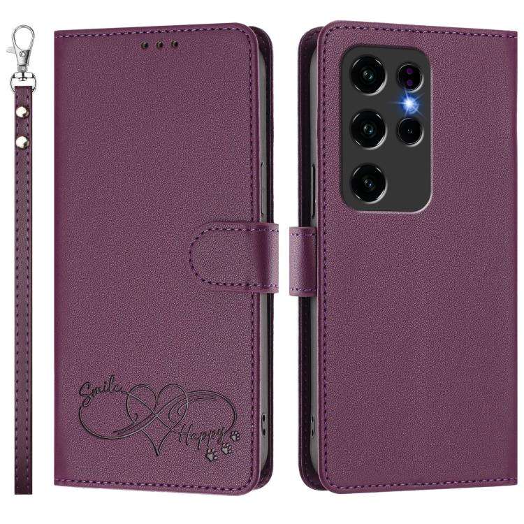 For Oukitel C2 Happy Heart Pattern Magnetic Closure Vegan Leather Phone Case with Wrist Strap(Vio...