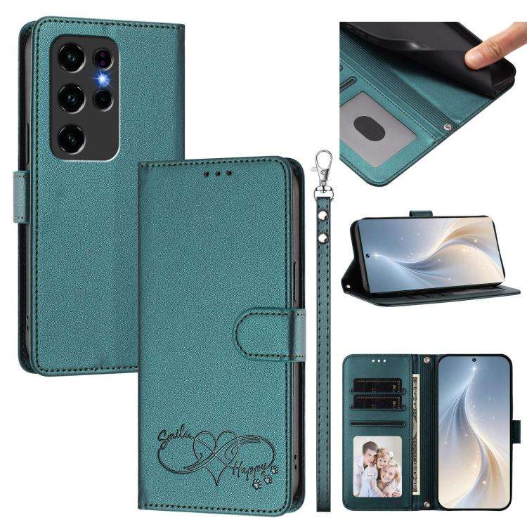 For Oukitel C2 Happy Heart Pattern Magnetic Closure Vegan Leather Phone Case with Wrist Strap(Green)