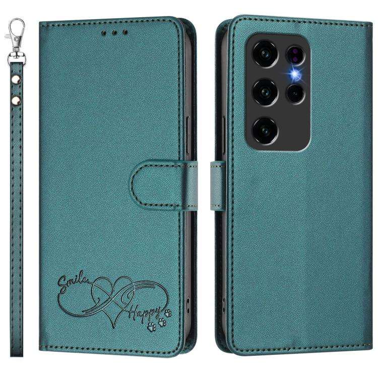 For Oukitel C2 Happy Heart Pattern Magnetic Closure Vegan Leather Phone Case with Wrist Strap(Green)