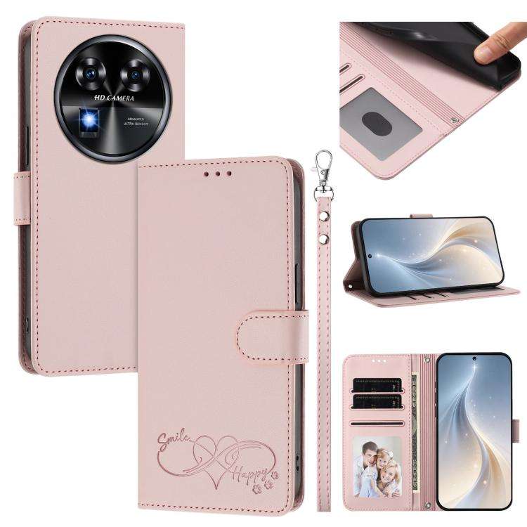 For Oukitel C37 Happy Heart Pattern Magnetic Closure Vegan Leather Phone Case with Wrist Strap(Pink)
