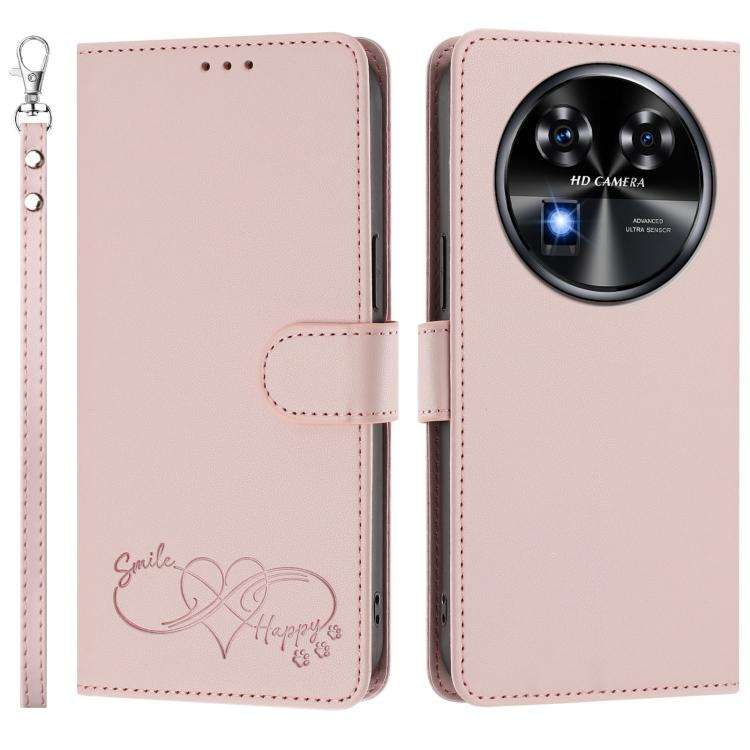 For Oukitel C37 Happy Heart Pattern Magnetic Closure Vegan Leather Phone Case with Wrist Strap(Pink)