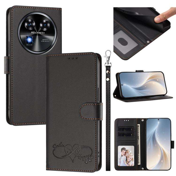 For Oukitel C37 Happy Heart Pattern Magnetic Closure Vegan Leather Phone Case with Wrist Strap(Bl...