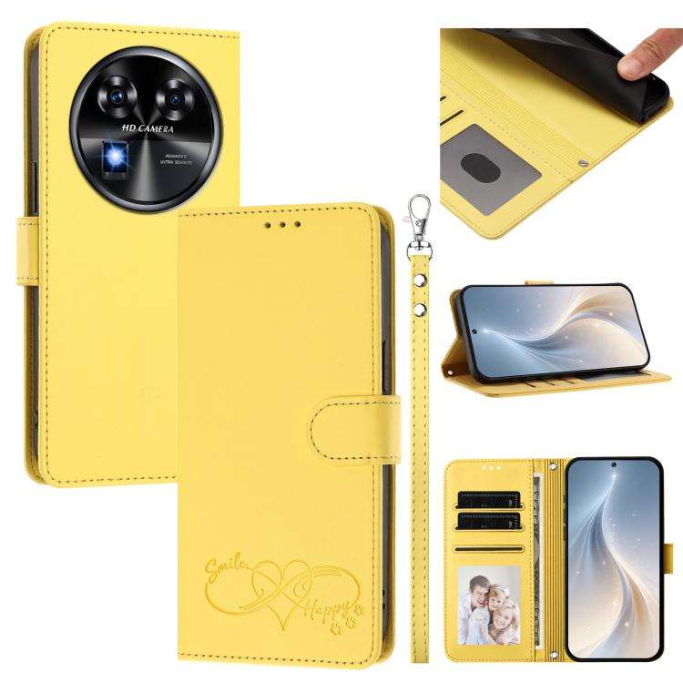 For Oukitel C37 Happy Heart Pattern Magnetic Closure Vegan Leather Phone Case with Wrist Strap(Ye...