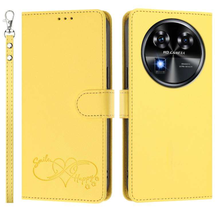 For Oukitel C37 Happy Heart Pattern Magnetic Closure Vegan Leather Phone Case with Wrist Strap(Ye...
