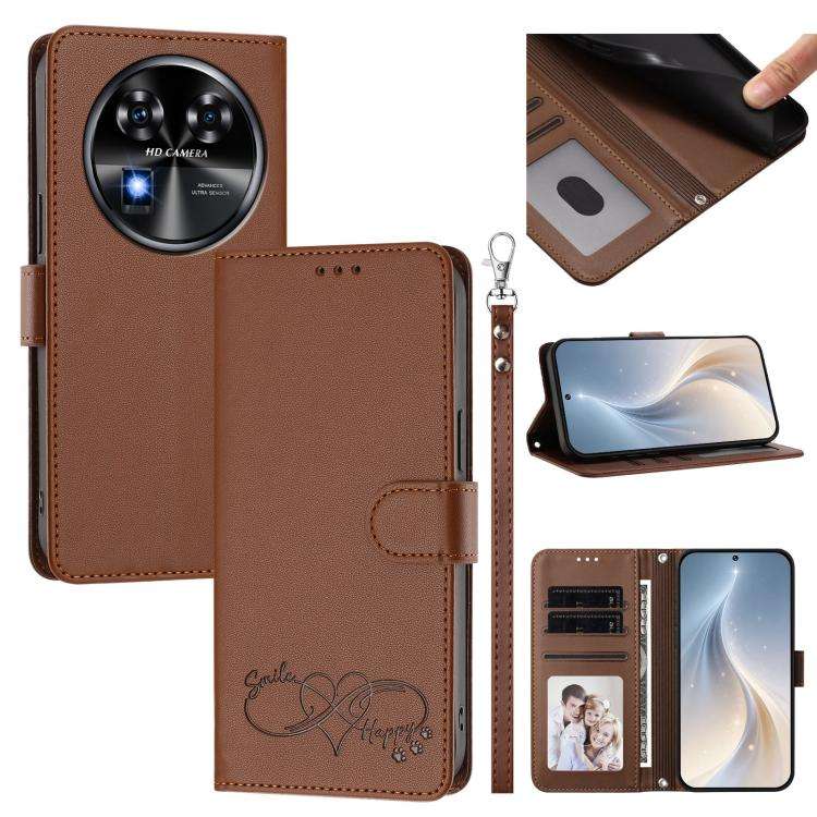 For Oukitel C37 Happy Heart Pattern Magnetic Closure Vegan Leather Phone Case with Wrist Strap(Br...